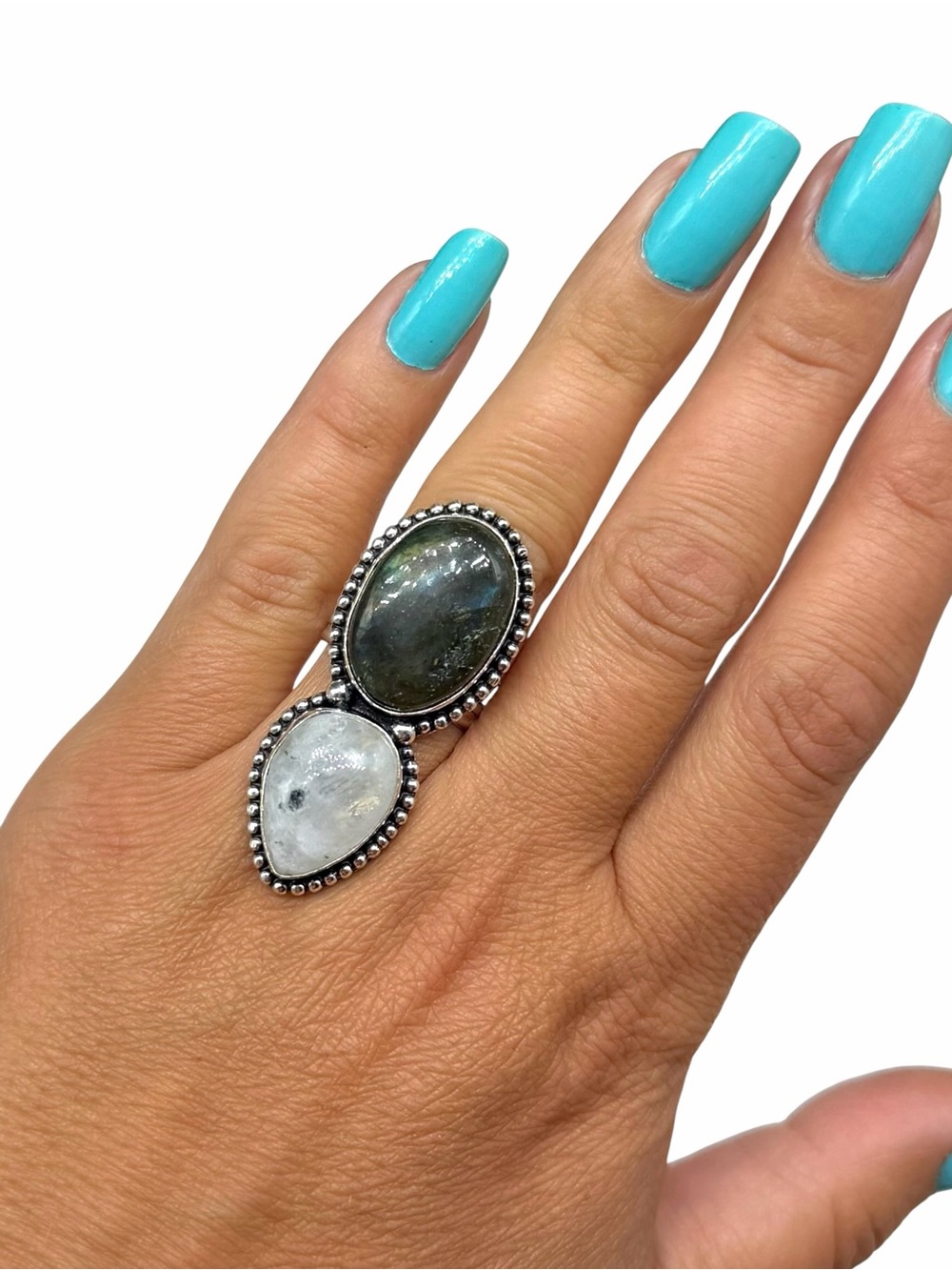 Rainbow Moonstone Labradorite Ring Size 7 925 Sterling Silver Overlay Chunky
